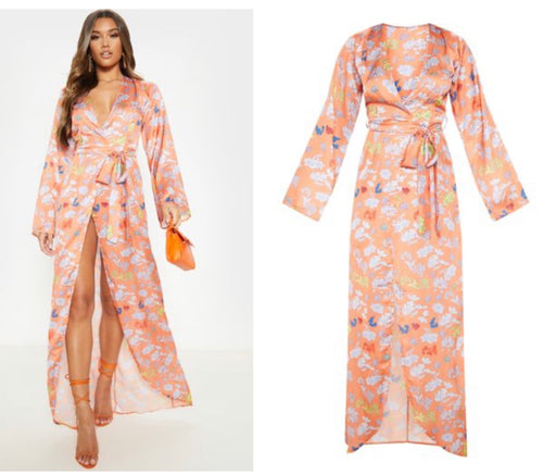 Orange Oriental Floral Satin Kimono